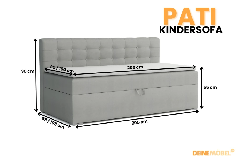 Maße des Pati Kindersofas: 205x98/108 cm, Höhe 90 cm, Sitzhöhe 55 cm.