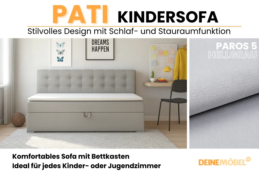 Pati Kindersofa in Hellgrau mit Bettkasten für Kinder- und Jugendzimmer.