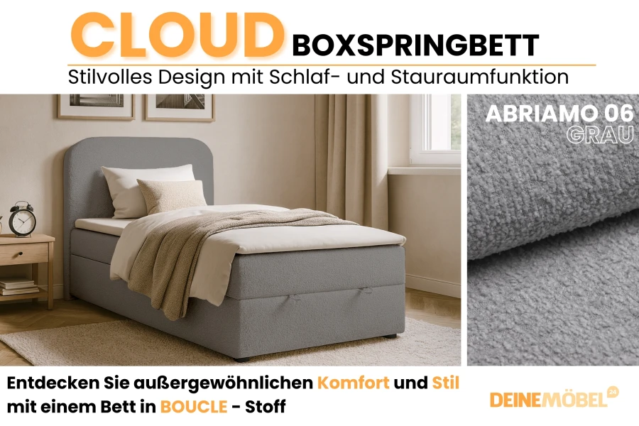 Cloud Boxspringbett in grauem Bouclé-Stoff mit Bettkasten und stilvollem Kopfteil.