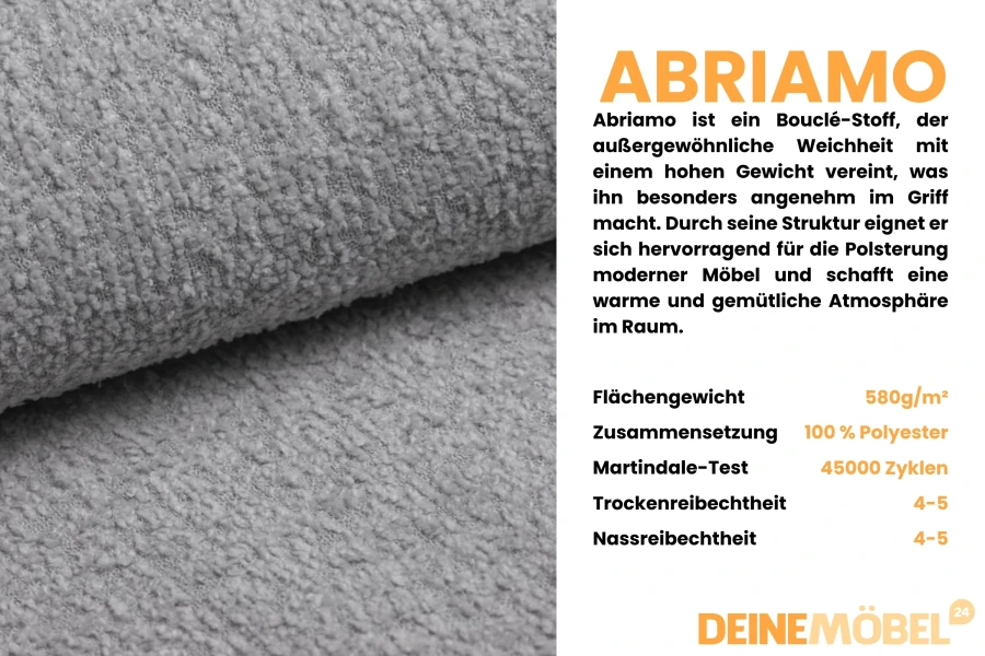 Eigenschaften des Abriamo Bouclé-Stoffs in Grau für hochwertige Polstermöbel.