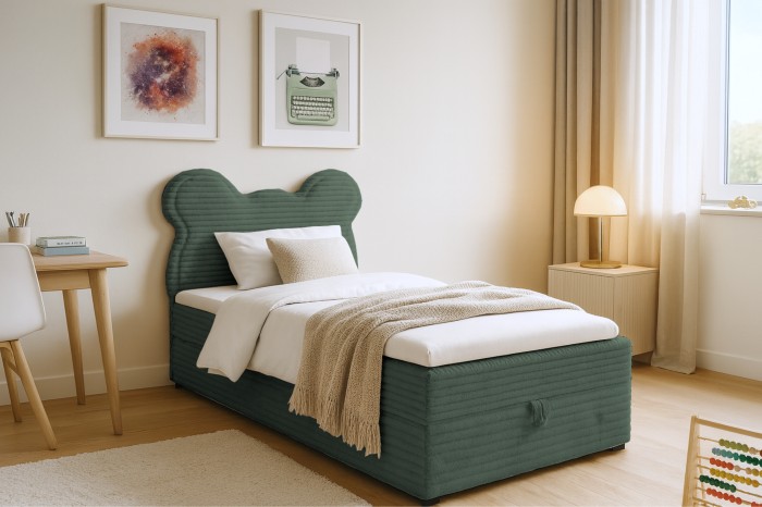Dunkelgrünes Boxspringbett für Kinder mit bärenförmigem Kopfteil und Cord-Bezug.