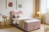 Rosa Kinder-Boxspringbett mit Kopfteil in Bärenform, weicher Cordstoff.