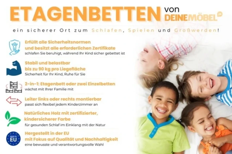 Etagenbetten für Kinder von DeineMöbel24 – sicher, stabil und nachhaltig aus Massivholz gefertigt.
