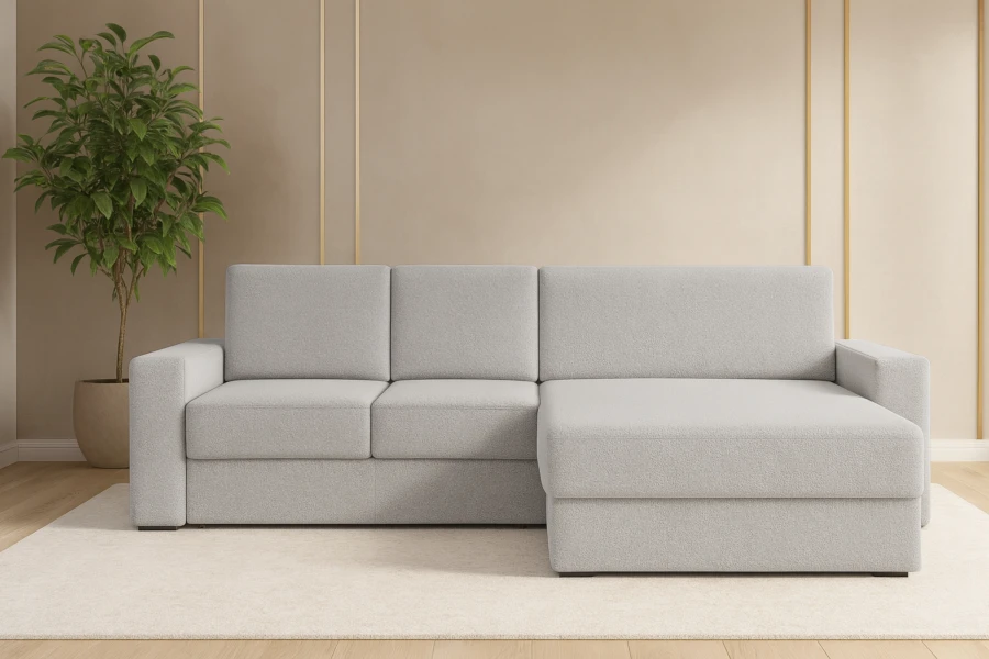 Hellgraues L-Sofa in modernem Wohnzimmer-Ambiente mit Pflanze von Deinemöbel24.