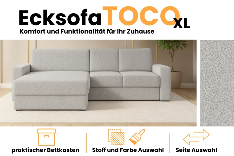 Ecksofa TOCO XL in Hellgrau mit Bettkasten und individueller Stoffauswahl für das Wohnzimmer.