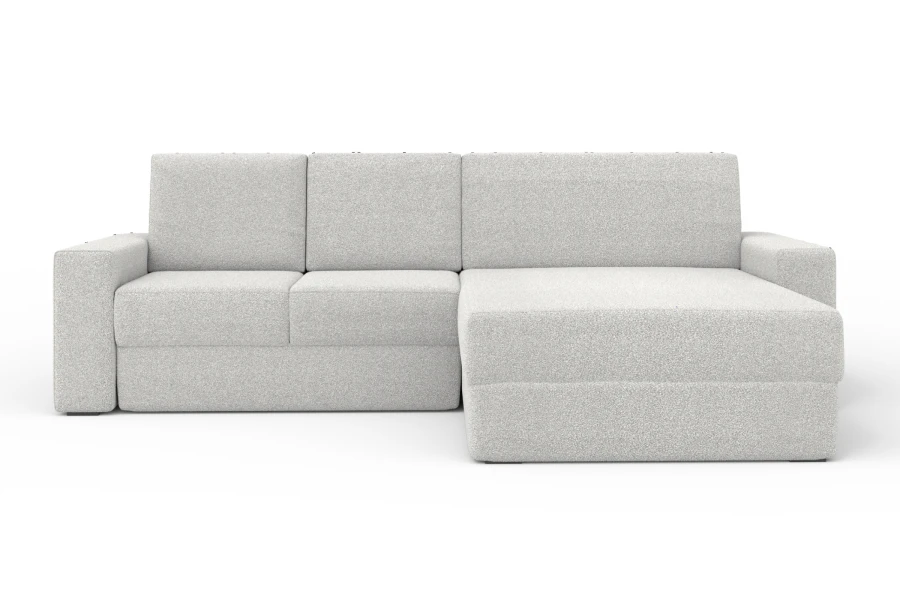 Hellgraues Ecksofa mit Ottomane auf der rechten Seite, modernes Design für das Wohnzimmer.