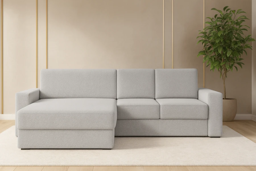 Stilvolles Ecksofa TOCO XL in hellem Bouclé-Stoff in einem modern eingerichteten Wohnzimmer.