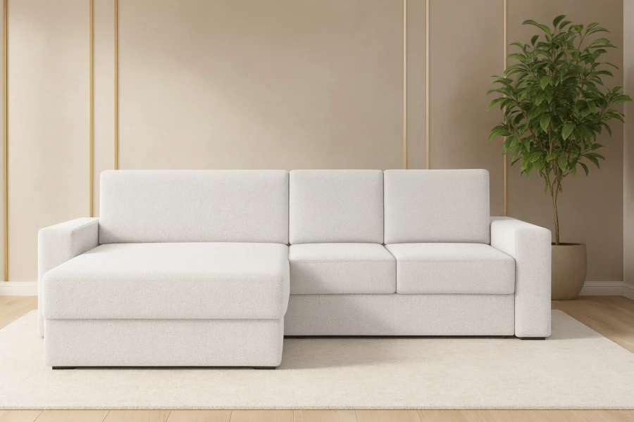 Einladendes weißes Bouclé-Ecksofa im modernen Wohnzimmer-Ambiente