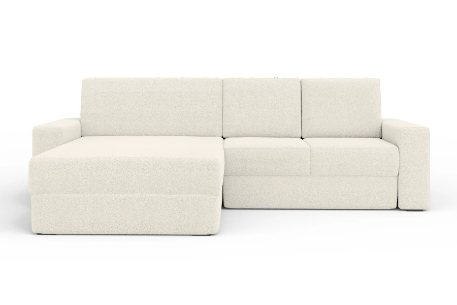 Modernes Ecksofa in Weiß, minimalistisches Design auf weißem Hintergrund.
