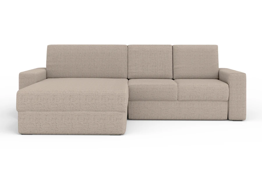 Beiges Cord-Ecksofa Poso, gemütliche L-Couch für modernes Wohnen, freigestellt.
