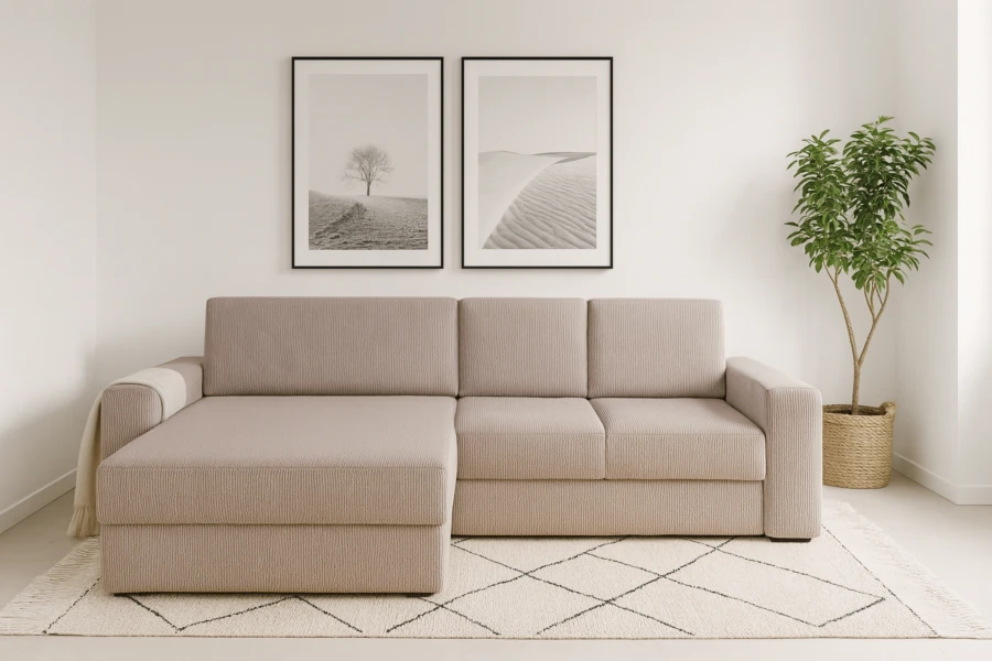 Beiges Ecksofa aus Cord im modernen Wohnzimmer mit Wanddekoration.