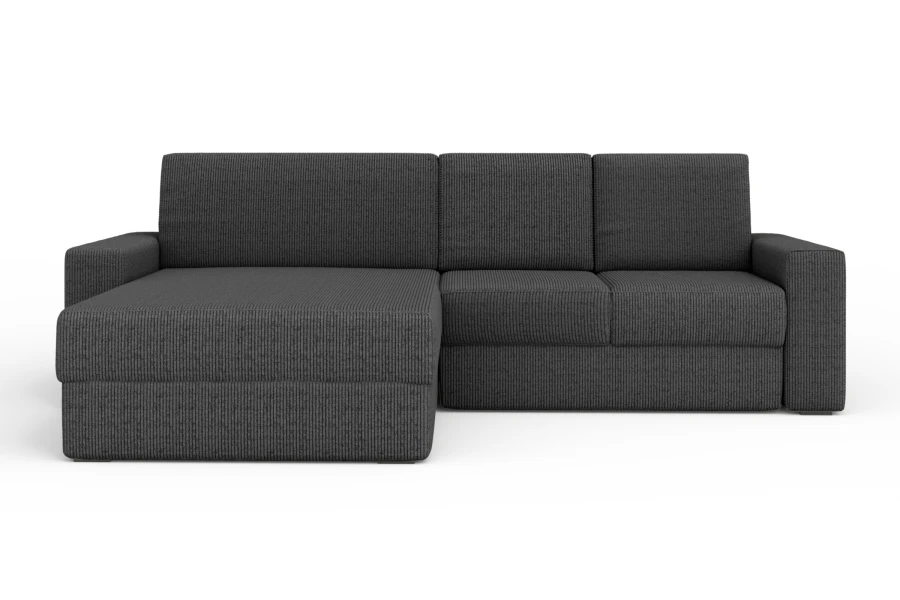 Anthrazitfarbenes L-Sofa aus Cordstoff auf weißem Hintergrund.
