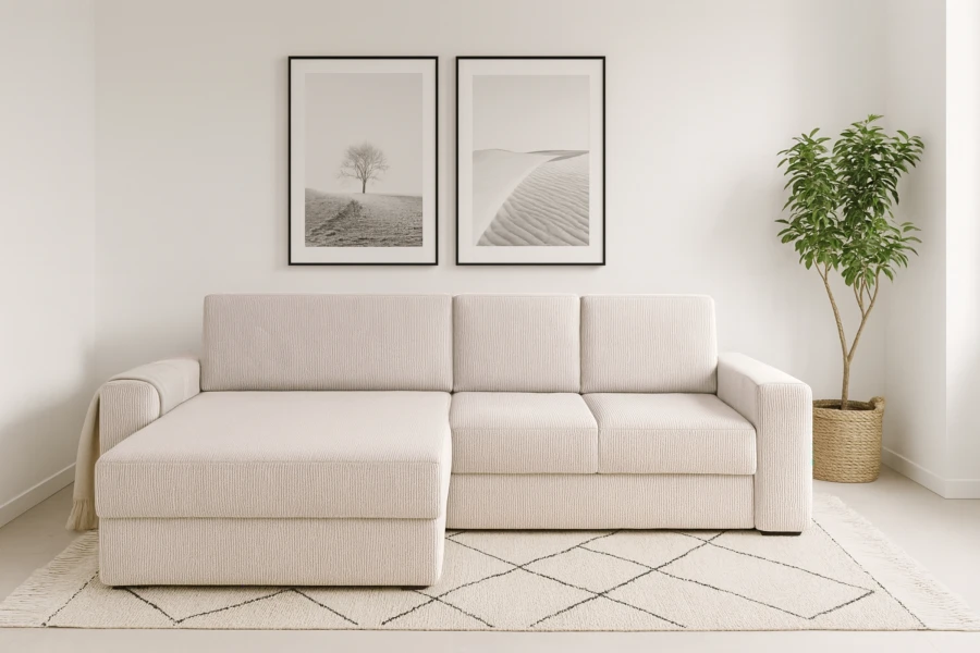Gezellige woonkamer with crèmekleurige cord-hoekbank en decoratie.
