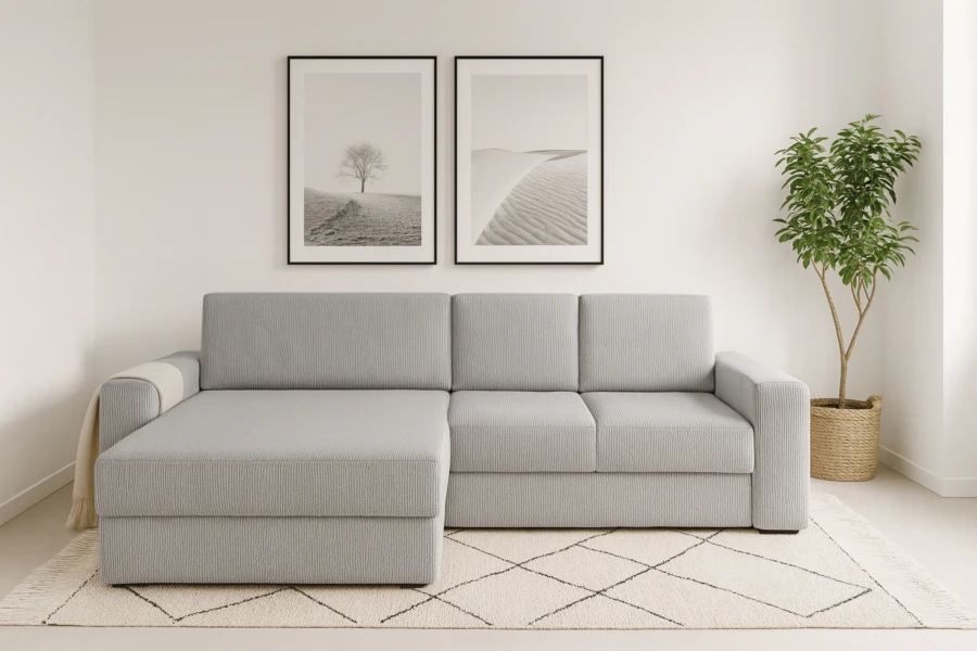 Graues Ecksofa mit Cord-Optik im skandinavischen Stil.