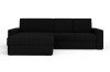 Modernes schwarzes Ecksofa mit Cord-Bezug und Ottomane links.
