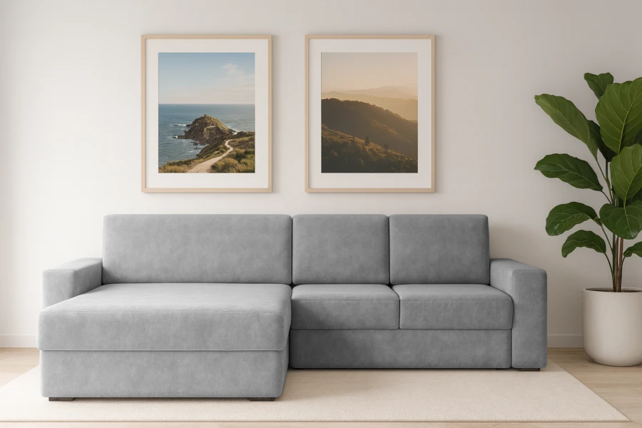Hellgraues Ecksofa in modernem Wohnzimmer mit Wandbildern und Pflanze.