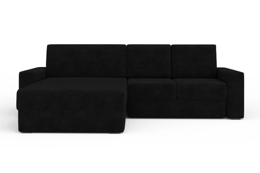 Modernes schwarzes Ecksofa in L-Form, isoliert auf weißem Hintergrund