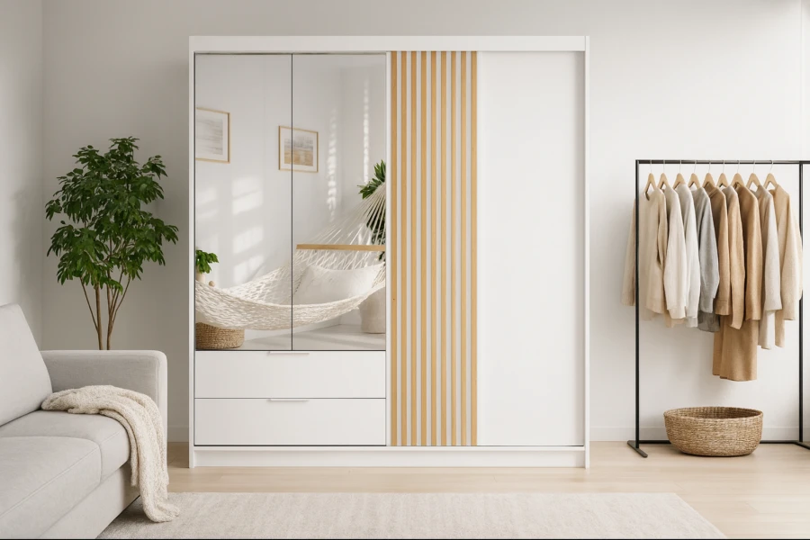 White cupboard with mirror and wooden slats in a bright room atmosphere