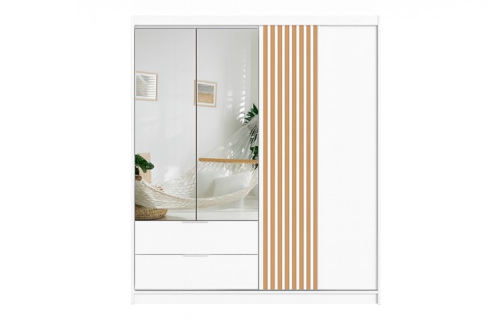 Eleganter weißer Kleiderschrank mit Spiegel und Lamellen-Akzenten in Eichenoptik.