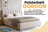 Modern gestoffeerd bed GORDON in beige met hoog hoofdbord en praktische opbergruimte.