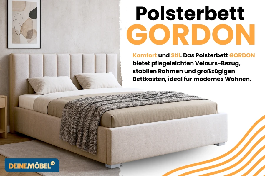 Modernes Polsterbett GORDON in Beige mit hohem Kopfteil und praktischem Bettkasten.