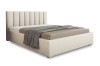 Beige gestoffeerd bed met verticaal gestikt hoofdbord en bruine sprei tegen een witte achtergrond.