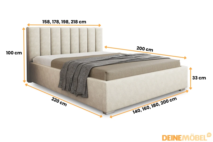 Afmetingen van het beige gestoffeerde bed in verschillende maten met hoogte- en lengtegegevens.