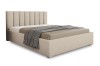 Modern beige upholstered bed with padded headboard and brown blanket on a white background.
