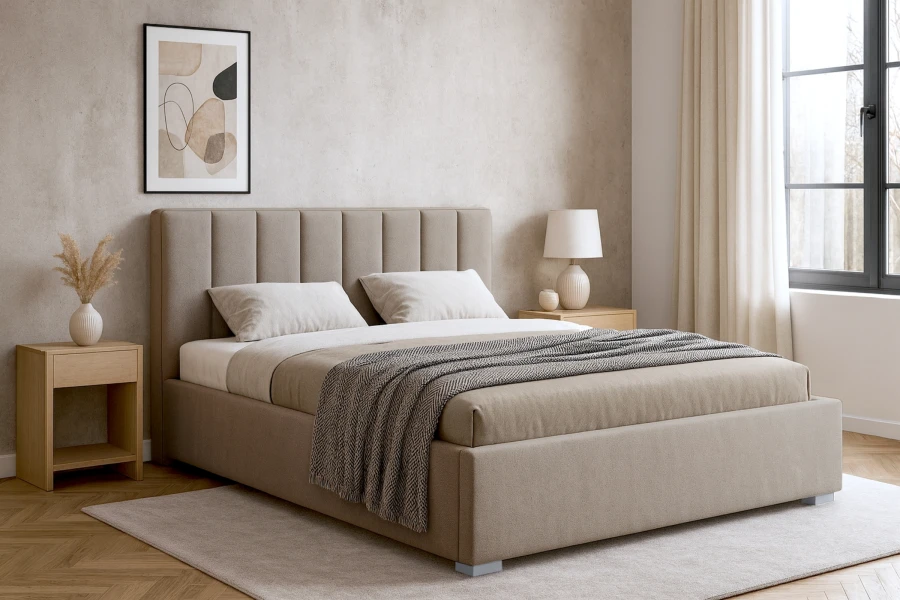 Beige gestoffeerd bed met gestikt hoofdbord in een moderne slaapkamerambiance.