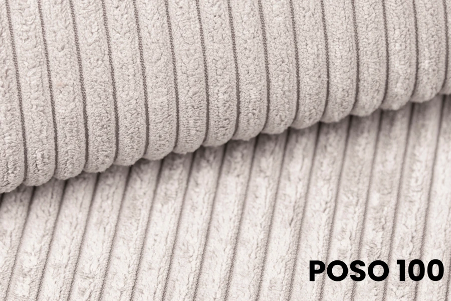 Nahaufnahme der Textur des Cord-Stoffs POSO 100 in hellem Grau oder Beige für Polstermöbel.