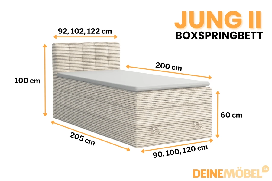Abmessungen des Boxspringbetts JUNG II mit Cord-Bezug: Breite, Länge und Höhe im Detail dargestellt.