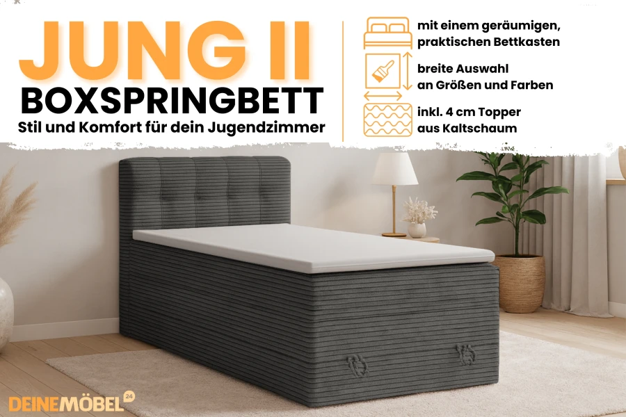 JUNG II Boxspringbett Werbebanner mit Details zu Stauraum und 4 cm Kaltschaum-Topper.