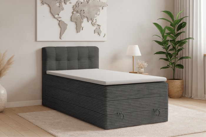 Boxspringbett im modern eingerichteten Jugendzimmer mit Weltkarte und Zimmerpflanze.