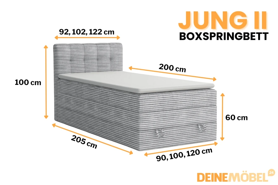 Maße für Boxspringbett JUNG II in Grau: 90x200 bis 120x200 cm mit Stauraum.