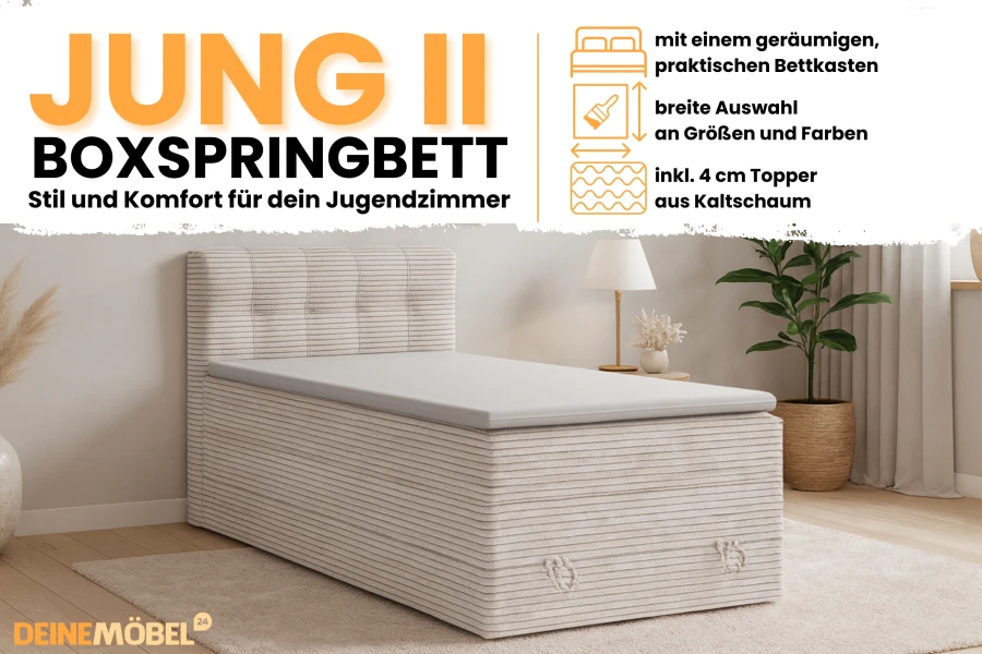 Produktübersicht Jung II Boxspringbett mit Details zu Topper und Bettkasten.