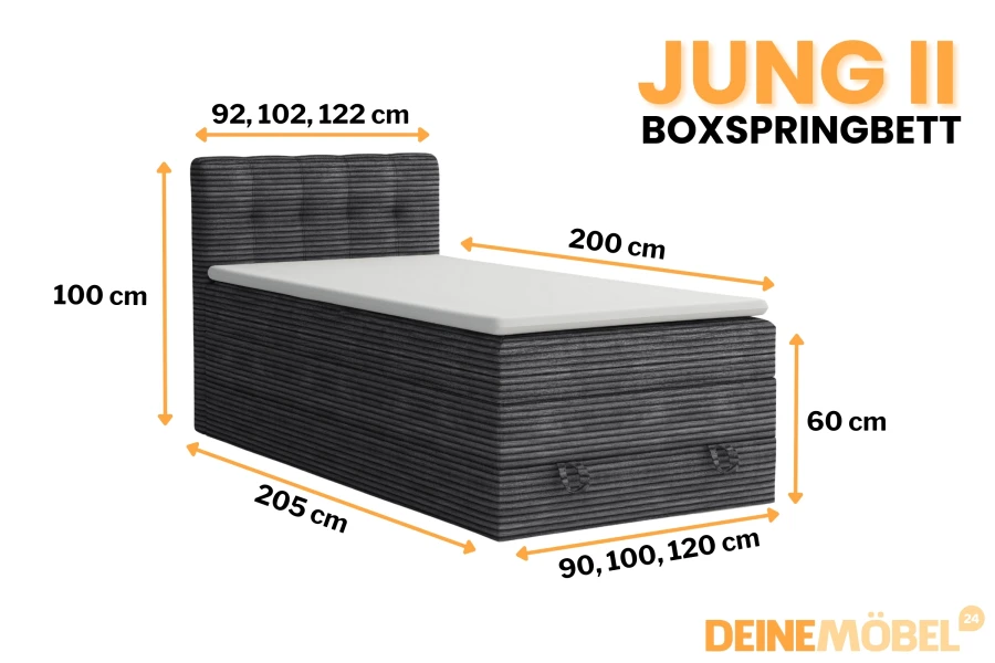 Maße für JUNG II Boxspringbett: Übersicht der verschiedenen Größen und Höhen in Zentimetern.