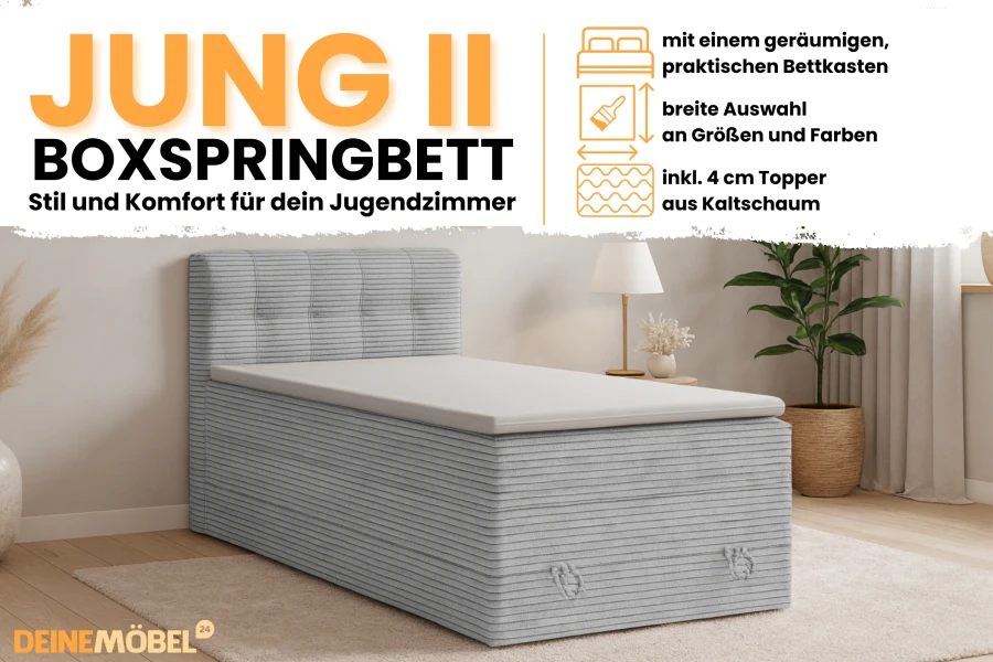 Produktvorteile des JUNG II Boxspringbetts: Stauraum, 4 cm Kaltschaum-Topper und Farbauswahl.