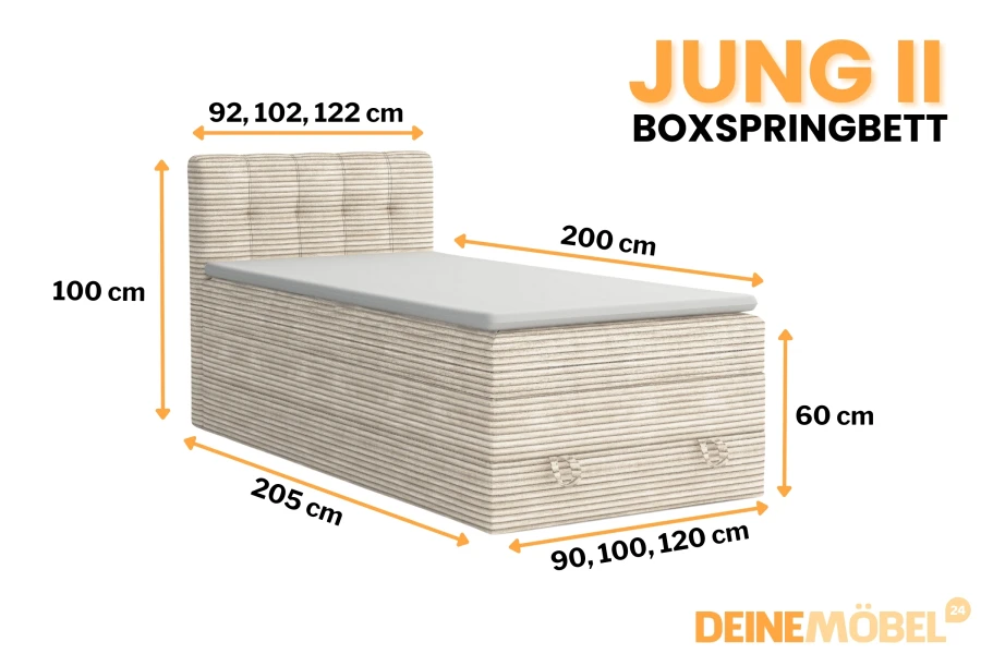 Jung II Boxspringbett Maße: 90/100/120x200 cm, Cord-Bezug beige, 100 cm hohes Kopfteil.