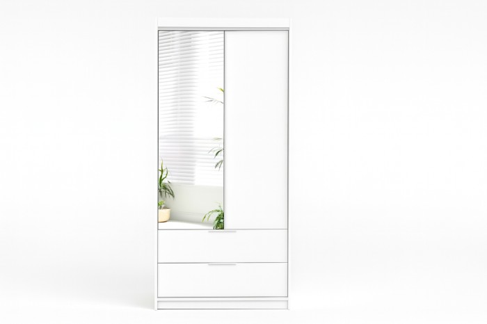 Weißer Kleiderschrank mit Spiegeltür und zwei Schubladen vor weißem Hintergrund.