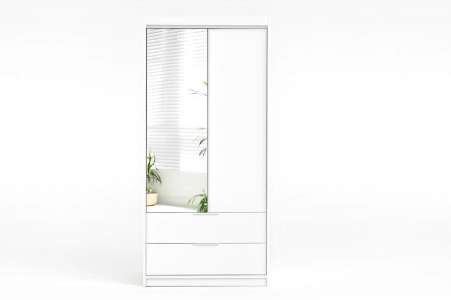 White wardrobe with mirror door and two drawers against a white background.