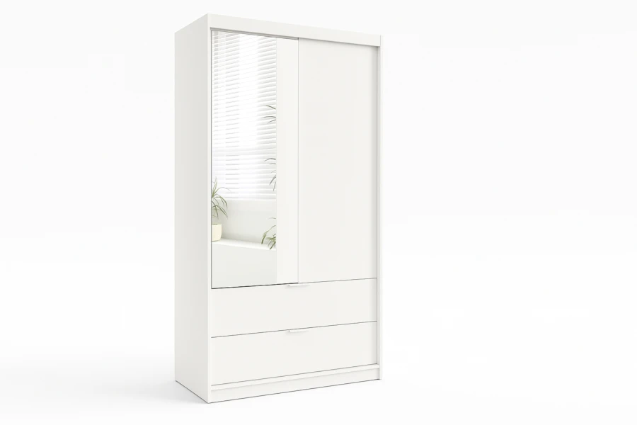 Kompakter weißer Kleiderschrank mit Spiegelfront und Schubfächern in Schrägansicht.
