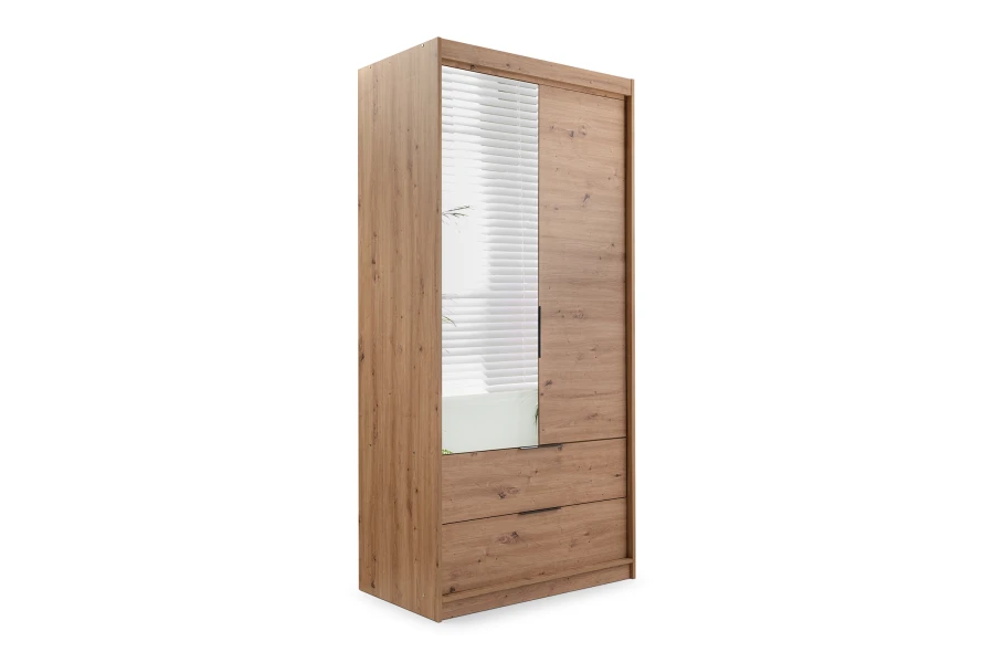 Moderner Schrank in Holz-Dekor mit Spiegel und Schubladen aus schräger Perspektive.