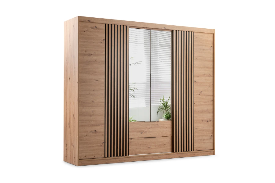 Moderner Schrank Eiche mit Lamellen und Spiegel - Seitenansicht