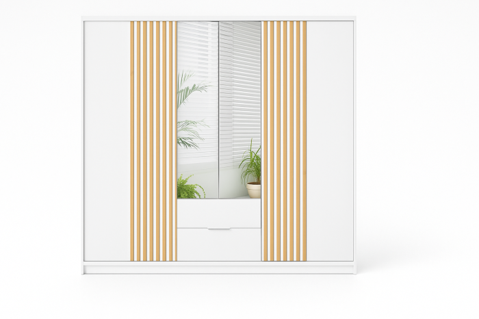 Weißer Kleiderschrank mit hellen Holz-Lamellen und Spiegel - Frontansicht
