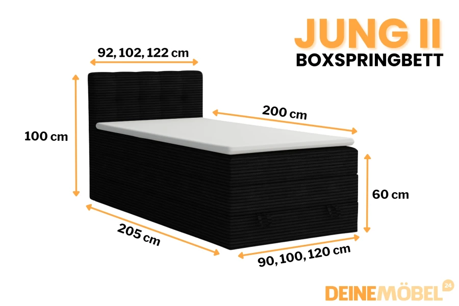 Maße des Boxspringbetts Jung II in Schwarz mit Cord-Bezug und verschiedenen Breiten.