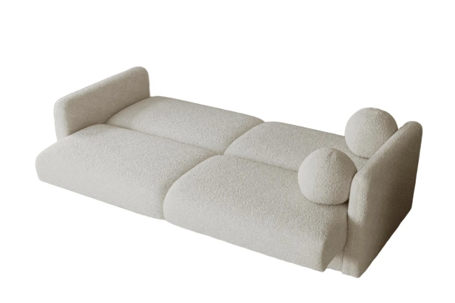 Ausgeklapptes Bouclé-Schlafsofa in Creme – modern und funktional