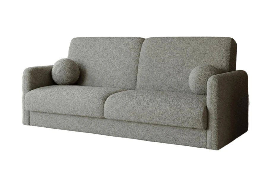 Graues Bouclé-Sofa mit zwei runden Kissen, modernes 2-Sitzer Sofa in Olivgrau.