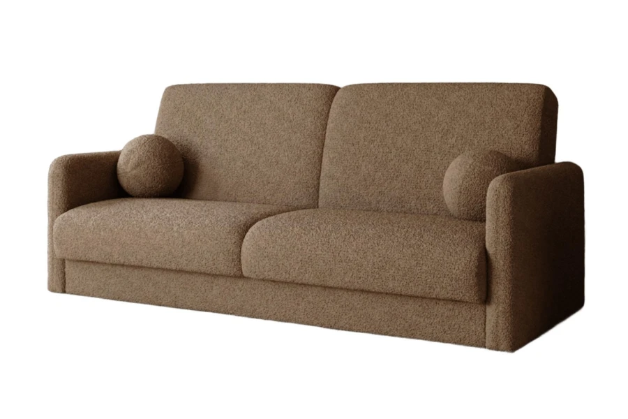 Braunes Bouclé-Sofa mit zwei runden Kissen, gemütliches 2-Sitzer Sofa.