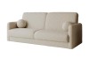 Beiges Bouclé-Sofa mit zwei runden Kissen, elegantes Sofa in Creme.