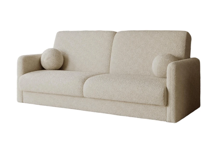 Beiges Bouclé-Sofa mit zwei runden Kissen, elegantes Sofa in Creme.